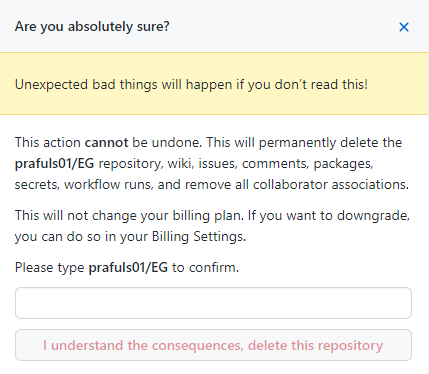 see the warnings before deleting the repository.